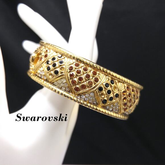 Vintage Swarovski Rhinestone Hinged Bracelet, Gold Plated, Missing Rhinestones - Picture 1 of 10